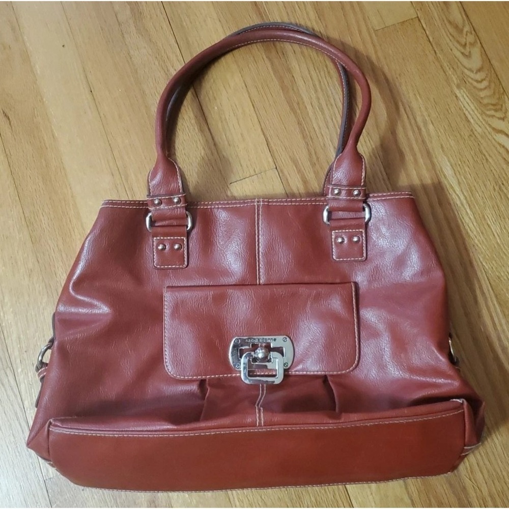 Liz Claiborne Large Leather Handbag Red Shoulder Purse Bag Satchel 5 Pockets